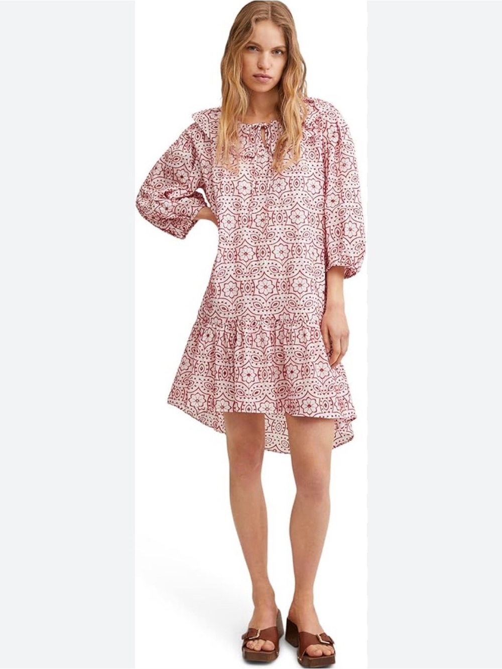 Mango embroidered Red Puff-Sleeve Tiered Mini Dress